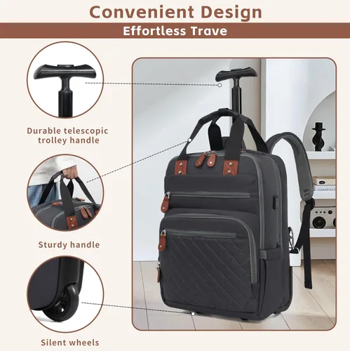 Vista 6 de Mochila con ruedas, mochila de viaje con ruedas, aprobada por vuelo, antirrobo, para laptop de 15.7 pulgadas, con puerto USB para hombres y mujeres