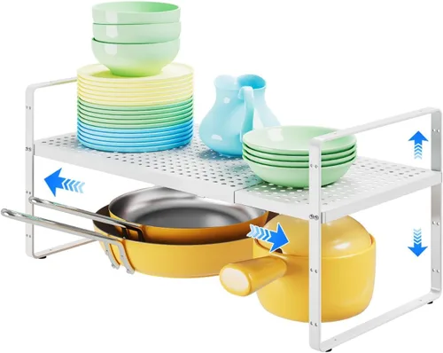 Vista 10 de Organizador de estantes expandibles para gabinete, organizador de estante pequeño de cocina para encimera, despensa, estante de especias