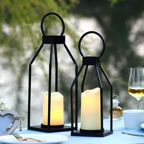 Vista 4 de PHOSPHOR Juego de 2 faroles modernos de metal negro para decoración de granja, faroles de interior y exterior con velas para sala de estar
