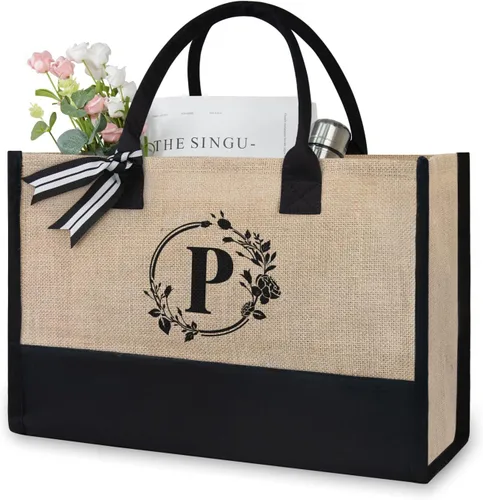 Vista 368 de TOPDesign Personalized Initial Canvas Beach Bag, Monogrammed Gift Tote Bag for Women