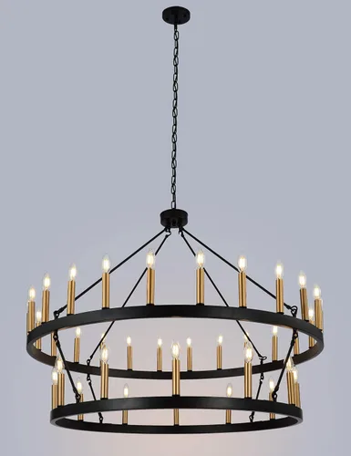 Vista 7 de yzzy Candelabro de 36 luces estilo vela de 2 niveles estilo vela colgante de 47 pulgadas, candelabros de hierro forjado para sala de estar, pasillo