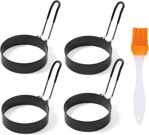 Vista 7 de Juego de 4 anillos para huevos de 3.5" con mango de silicona, anillo grande para freír huevos, molde redondo para muffins ingleses – Moldeador