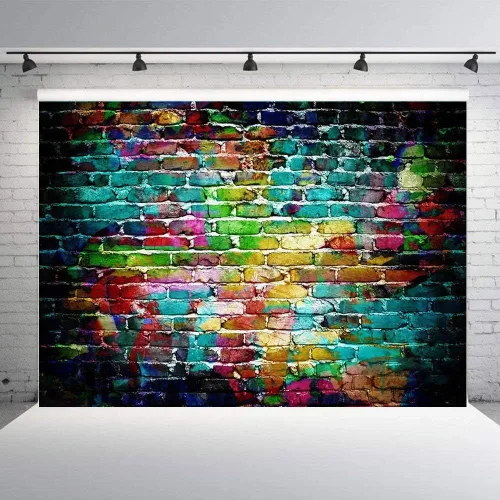 Vista 2 de Fondos de fotografía de graffiti de 7 x 5 pies, fondo colorido de pared de ladrillo para fotos de adultos y niños, accesorios de estudio de retrato