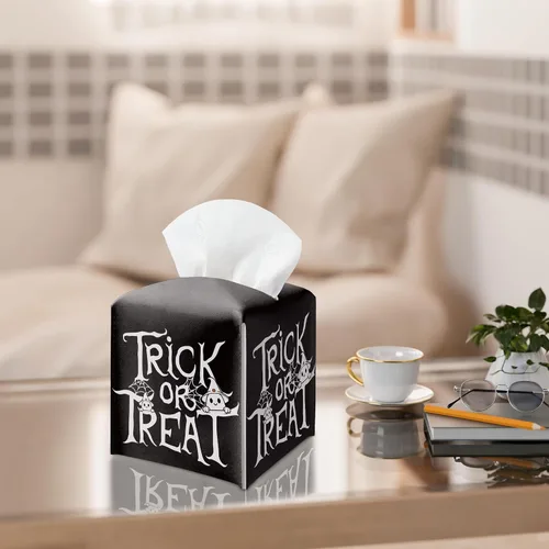 Vista 3 de Soporte para caja de pañuelos de Halloween con tapa cuadrada de cuero negro, organizador de papel facial, dispensador de papel higiénico para baño