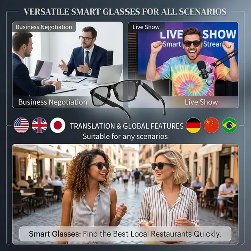 Vista 3 de Gafas de traducción inteligente AI Traductor de voz de 164 idiomas, Bluetooth de oído abierto con altavoces, lentes fotocrómicas, batería ligera