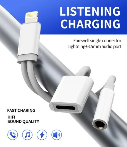 Vista 5 de Adaptador AUX para iPhone para conector de auriculares, Dongle 2 en 1 Lightning a 0.138 in Splitter Cable de carga Apple MFI certificado