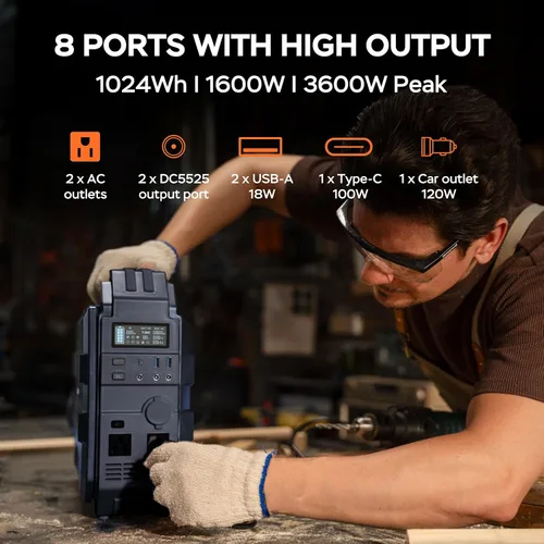 Vista 4 de BLAVOR Estación de energía portátil de 1600 W (pico 3200 W), panel solar integrado, batería LiFePO4 de 1024 Wh, carga rápida USB-C de 100 W