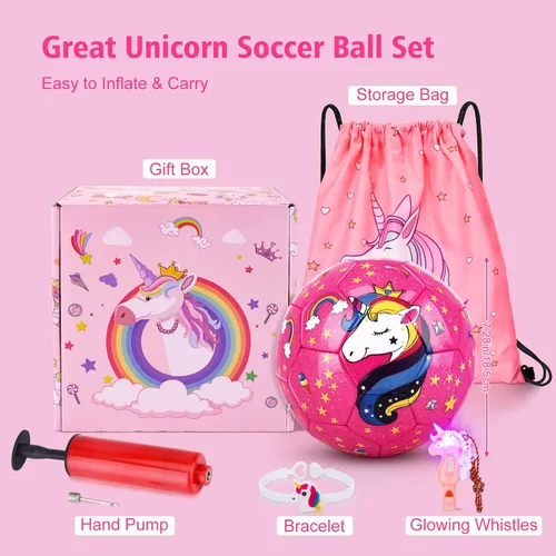 Vista 6 de JYPS Balón de fútbol de unicornio con purpurina, tamaño 3 para niños y principiantes de 3 a 8 años con bomba, bolsa, juguete suave y seguro