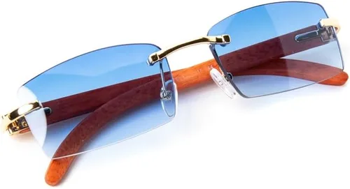 Vista 5 de Lentes de sol rectangulares azules con montura dorada sin montura para mujeres y hombres, estilo vintage, estilo hip hop, estilo hip hop, sin marco
