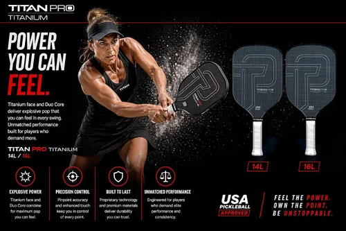 Vista 3 de Pala de pickleball Titan Pro de titanio, aprobada por USA Pickleball, opciones de 14 mm y 16 mm, núcleo revolucionario de Nomex y PP en dos capas