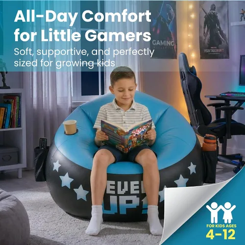 Vista 6 de Silla de Gaming Inflable para Niños – Soporta Hasta 300 libras, Incluye Bomba de Aire, Portavasos, 2 Bolsillos – Asiento de Puf de Gaming Duradero