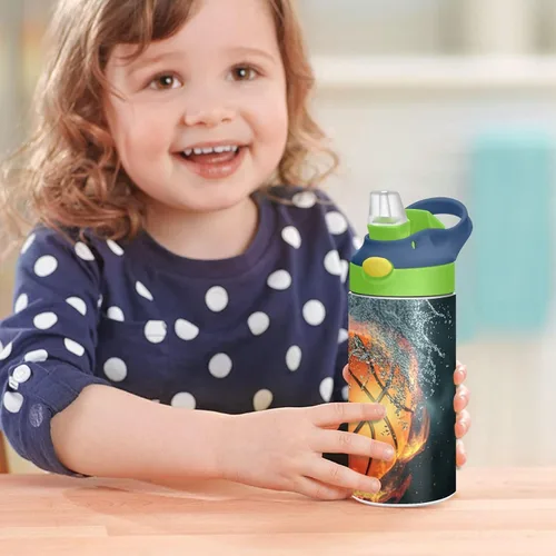 Vista 7 de Nander Botella de agua aislada para niños de 14 onzas, pelota de baloncesto, doble pared al vacío, acero inoxidable, boca ancha, botella de bebidas
