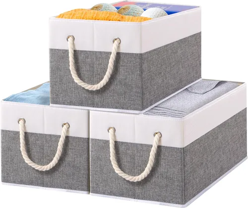 Vista 11 de Yawinhe Paquete de 3 cubos plegables de almacenamiento de tela, cubos plegables con asa de cuerda, organizadores grandes de armario para estantes
