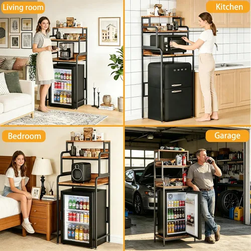 Vista 4 de COCOLUCKY Mini soporte para nevera de 4 niveles con almacenamiento, mini gabinete para refrigerador con almacenamiento, soporte para microondas