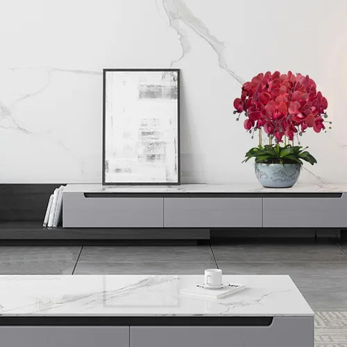 Vista 6 de FagusHome Phalaenopsis - 6 piezas de flores artificiales de orquídea con 4 paquetes de hojas, plantas con tallo para decoración del hogar (rojo)