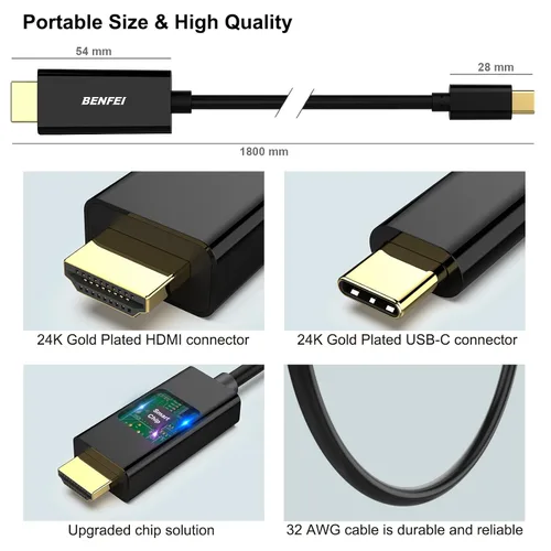 Vista 7 de BENFEI Paquete de 2 cables USB C a HDMI de 3 pies, cable USB tipo C a HDMI, Thunderbolt 3/4 compatible con iPhone 15 Pro/Max, MacBook Pro/Air 2023