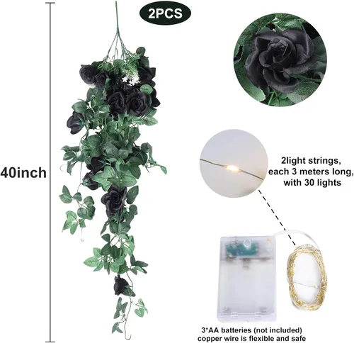 Vista 2 de RECUTMS - Guirnalda de flores artificiales colgantes de rosas negras, 2 guirnaldas florales falsas de 3.3 pies con 30 luces LED para pared