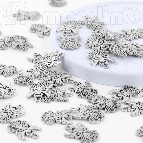 Vista 7 de Framendino, Paquete de 50 dijes de ángel, colgantes tibetanos de plata antigua a granel para hacer joyas, aretes, collares, pulseras, manualidades