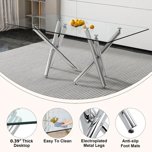 Vista 4 de Juego de 6 mesas de comedor de cristal, moderno juego de mesa de comedor de vidrio templado rectangular transparente de 71 pulgadas y 6 sillas