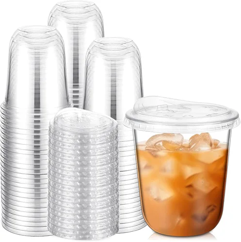 Vista 11 de Ziliny 50 juegos de vasos de plástico transparente con tapas para sorber sin pajita, vasos de cristal de plástico PET desechables transparentes