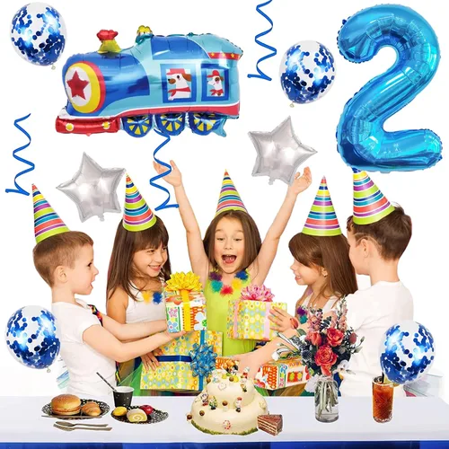 Vista 5 de Globos de tren de 2º cumpleaños, globo gigante de aluminio de Mylar número 2 para fiesta de ferrocarril, color azul