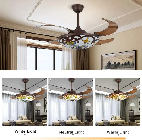 Vista 3 de TFCFL Ventilador de techo invisible estilo Tiffany de 42 pulgadas con luces y control remoto, cuchillas retráctiles, 3 velocidades, 3 cambios