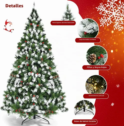 Vista 5 de Goplus - Árbol de Navidad artificial preiluminado de 1.8 m con bisagras, cubierto de nieve, con piñas, bayas rojas y 250 luces LED, 8 modos