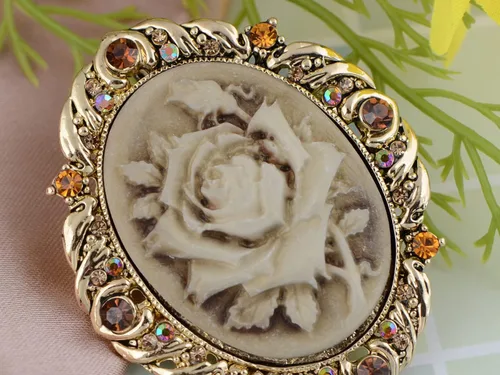 Vista 3 de Alilang Broche de pasador de camafeo con flores de cristal rosa antiguo inspirado en la vendimia