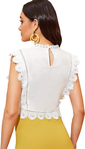 Vista 2 de Floerns - Blusa bordada, con encaje guipur, de cuello simulado, para mujer