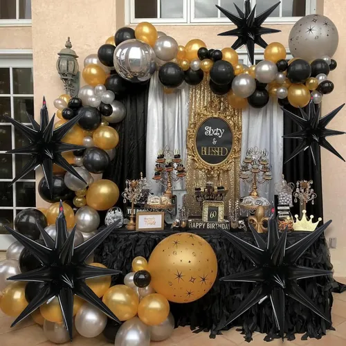 Vista 2 de Globos de estrella negra, 7 unidades, globos de aluminio de una sola pieza de 27 pulgadas para cumpleaños, bodas, despedidas de soltera