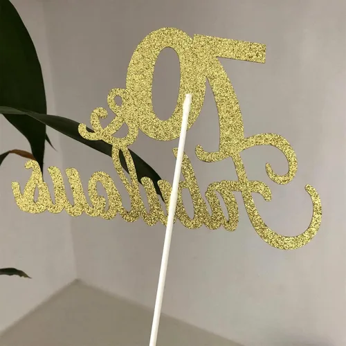 Vista 4 de Decoración para tartas de doble cara con purpurina dorada 70 y fabulosa decoración para tartas 70 para cumpleaños 70, boda, aniversario, decoración