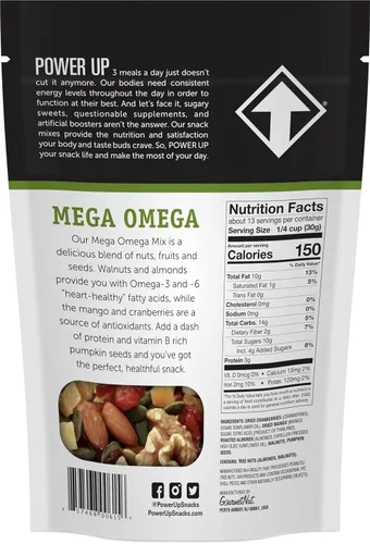 Vista 2 de Power Up Mega Omega Trail Mix Gourmet Nut - Bolsa de mezcla de frutos secos, 14 onzas