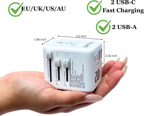 Vista 6 de Adaptador de viaje universal 5 en 1, adaptador de corriente internacional GaN de 20 W, 1 CA, 2 USB-C PD carga rápida y 2 USB-A QC, adaptador