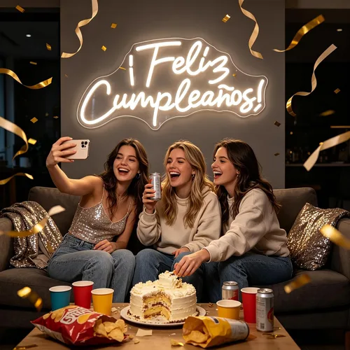 Vista 3 de Cartel de neón LED de Feliz Cumpleaños, más grande para decoración de pared con modulador de luz de cadena USB, reutilizable, letrero LED