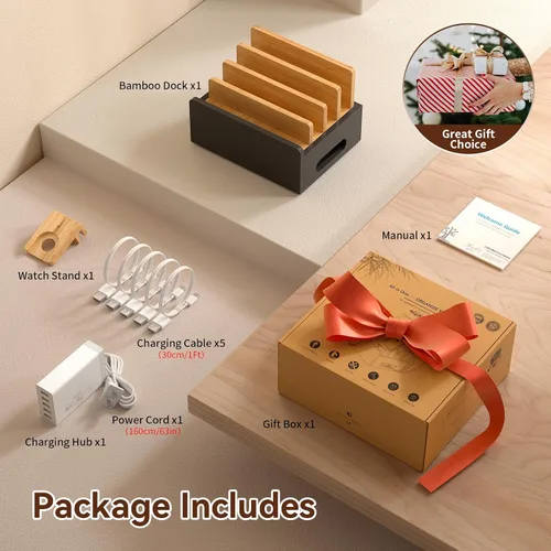 Vista 7 de Pezin & Hulin Estación de carga de bambú para múltiples dispositivos con cargador USB de 5 puertos, 5 cables, soporte para reloj inteligente