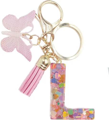 Vista 2 de jtkdxqs Llavero de la letra A-Z con borla rosa mariposa llavero para mujeres niñas mochila bolsos colgante