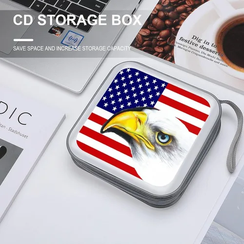 Vista 4 de Funda portátil para CD con diseño de águila y bandera americana, 40 capacidades, soporte para DVD, organizador de almacenamiento de disco