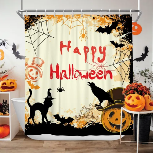 Vista 10 de Cortina de ducha de Halloween, cortinas de ducha de calabaza aterradora para baño, casa cazada de brujas, cortina de baño, cortina de baño