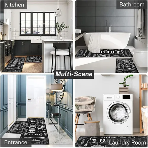 Vista 7 de ArtSocket Juego de 2 tapetes de cocina antideslizantes y lavables, color negro, tapete moderno para debajo del fregadero y felpudo