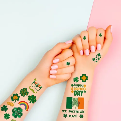 Vista 6 de Zeecdatoo 23 hojas grandes de accesorios de tatuajes para el día de San Patricio, más de 100 piezas de tatuajes temporales de trébol de la suerte