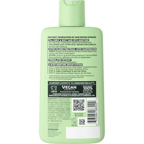 Vista 2 de Garnier Fructis Hair Filler - Acondicionador reparador de humedad, sin sulfato para cabello rizado y ondulado con ácido hialurónico, 10.1 onzas