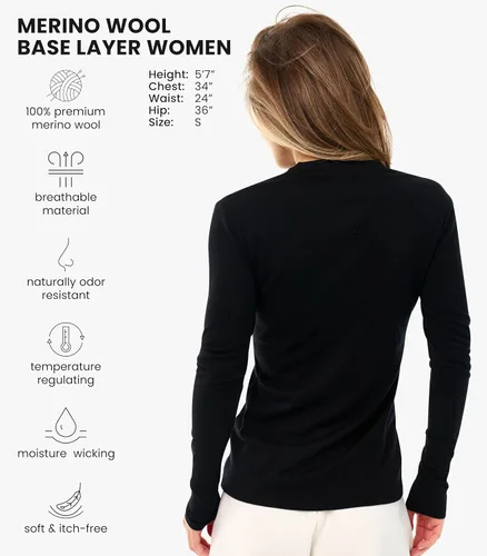 Vista 2 de 100% Merino Wool Base Layer Women - Thermal Shirt Underscrub Long Sleeve 190 negro