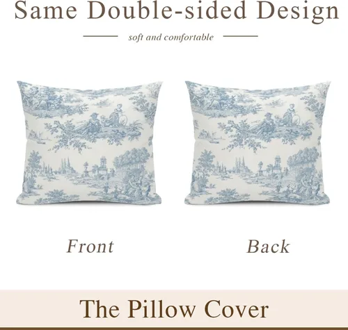 Vista 2 de Blue Toile - Juego de 2 fundas de almohada estilo rústico francés, fundas de almohada vintage de 18 x 18 pulgadas, para sofá, sala de estar