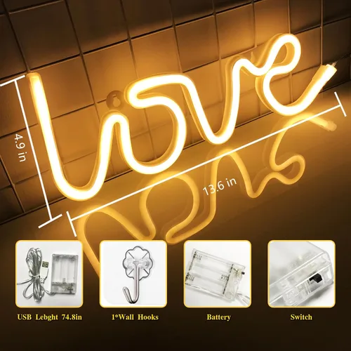Vista 64 de Letrero de neón de amor para dormitorio, USB o batería, luz de neón para pared, luz de neón LED como letreros de pared de neón para niñas, letrero