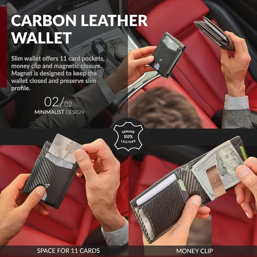 Vista 4 de FORCEW Paquete de 2 soportes para tarjetas de crédito para hombres Cartera desplegable con bloqueo RFID (placa trasera forjada del Pacífico)