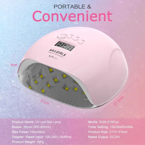 Vista 5 de NAILGIRLS Lámpara de uñas UV de 150 W para esmalte de gel, luz UV profesional de curado rápido para uñas de gel con 36 cuentas de lámpara, 4 veces