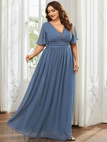 Vista 4 de Ever-Pretty Plus Vestidos formales de encaje de gasa plisados con cuello en V profundo para mujer talla extra grande 01511-DA