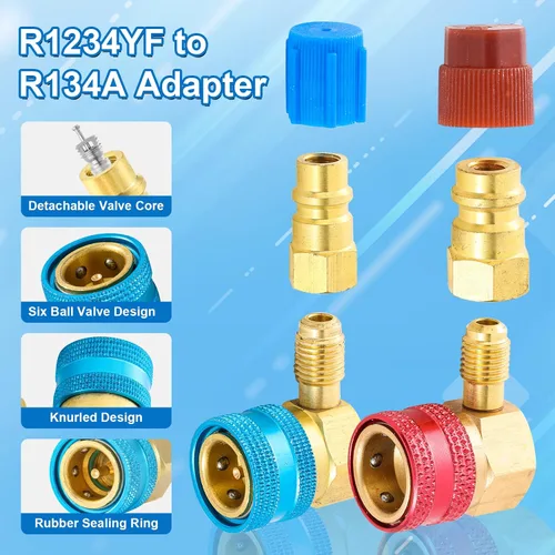 Vista 5 de Adaptador R1234YF a R134A, 90 grados R134a a R1234yf Adaptadores Laterales de alta y baja presión Kit de acopladores rápidos R1234yf, adaptadores