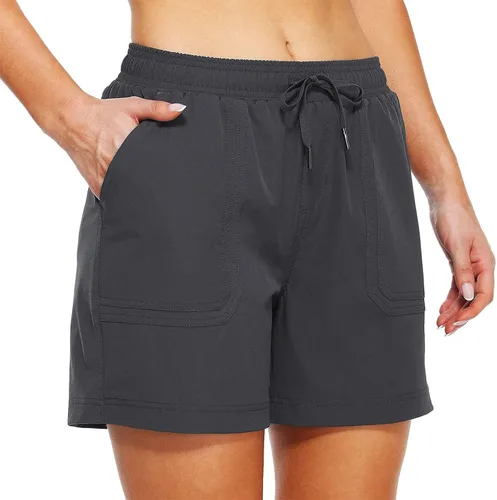 Vista 2 de Cotton Shorts Summer Sport Solid Compression Womens Cargo Pants 2023 with Pockets Drawstring Trousers High Rise Dark Gray