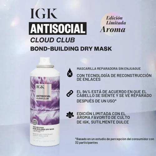 Vista 3 de IGK Antisocial Cloud Club - Mascarilla para cabello seco, reparación de vínculos para cabello dañado, 5 onzas Aroma de edición limitada
